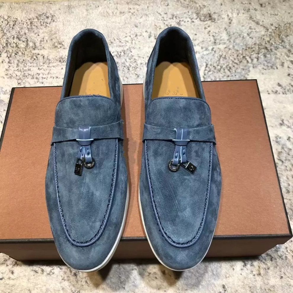 

LORO PIANA Summer Charms embellished Walk suede loafers shoes Apricot Genuine leather casual slip on flats women Luxury Dress shoe Designers flat factory footwears, 26