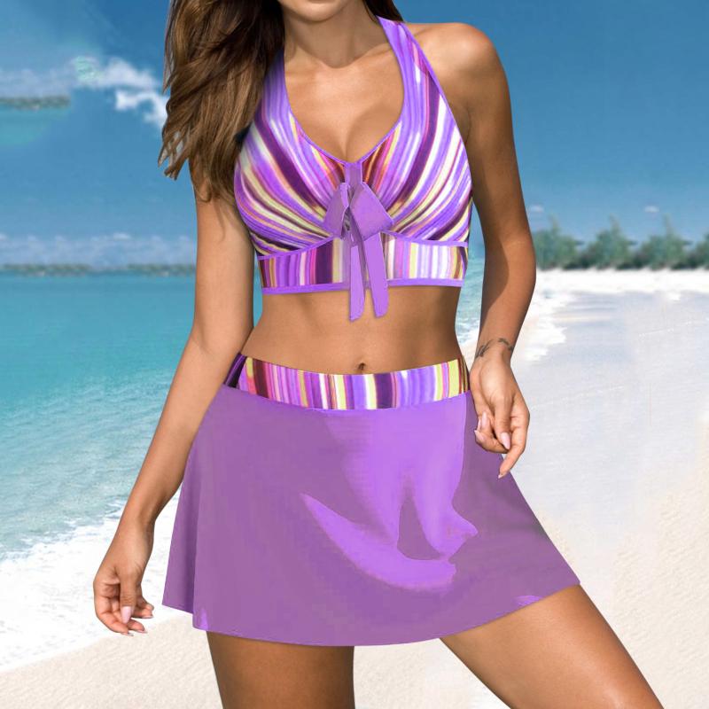 

Women' Swimwear Print Sports Bra Two Piece Tankini Swimsuits For Women Sexy With Skirt 2 Color BlockWomen, Purple