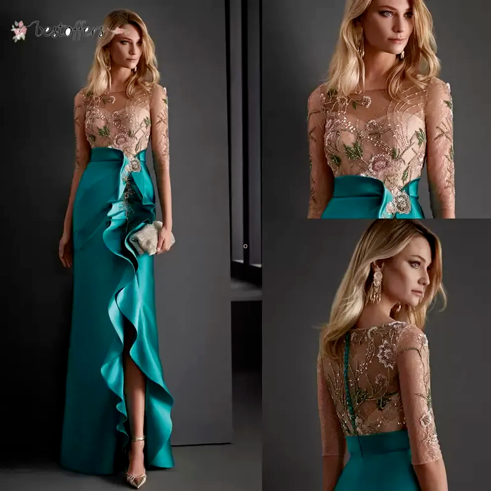 

2022 Elegant formal mermaid prom Evening Dresses wear Beads O Neck Half Sleeves Side Split Women Formal Prom Gowns cocktail Party 0406, Ivory