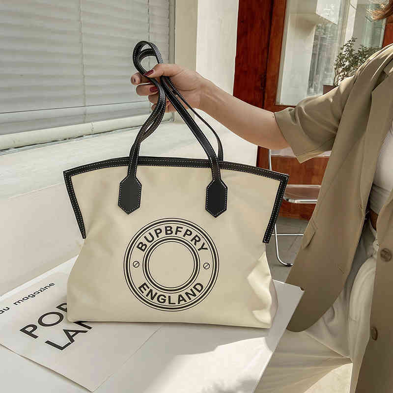 

Canvas Shoulder Tote for Women Luxury Brand Handbag Designer Purses Crossbody Bucket Top Handle Fashion Shopping Bag, White with black