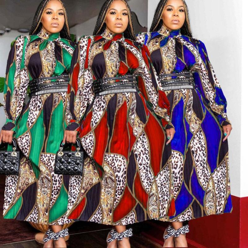 

Casual Dresses Style Long Sleeve High Waist Pressed Print Dress Designer Red Green And Blue Women' WearCasual, Beige