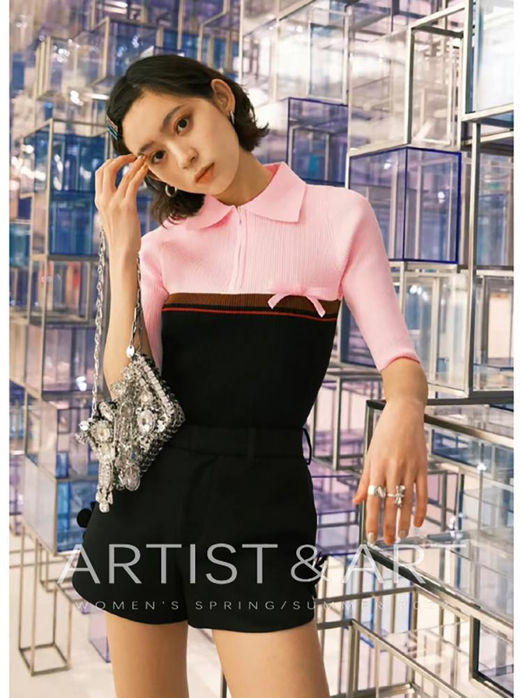 

Women' Sweaters High Quality Summer Women Fashion Runway Designer Short Sleeve Colorblock Print Cotton Bow Elegant Knitting Tops SweatersWo, Black