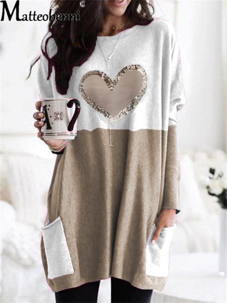 

Spring Autumn Women Heart Tops Print O Neck Loose Contrast Color Stitched Pocket Long-sleeve T-shirt Ladies Casual Oversize, Light grey