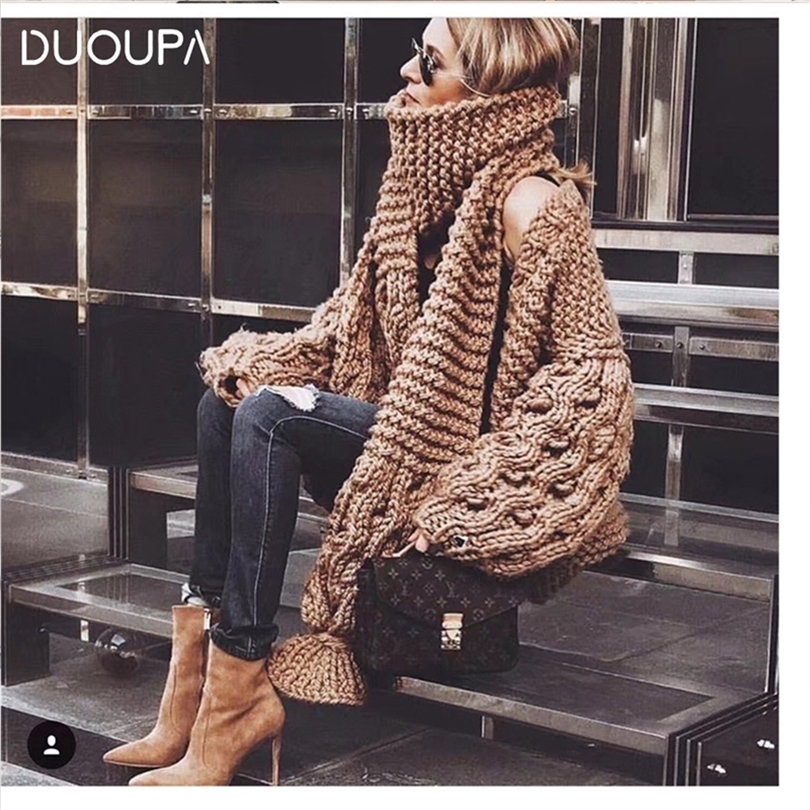 

DUOUPA Coarse Knitted Sweater Women AUTUMNWinter Fashion Lantern Sleeve Cardigan Female Open Front Korea Sweater Coat 210204, Scarf