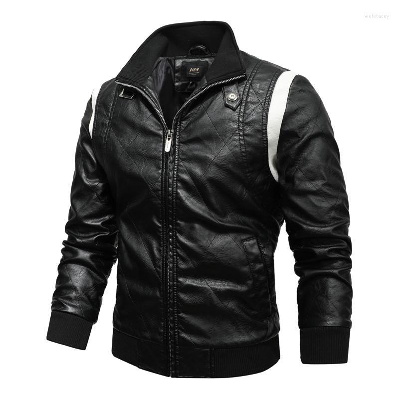 

Men's Trench Coats Winter Jackets Windbreaker Thick Casual Embroidery Splice Leather Jacket Zipper Stand Collar Male Biker Coat Viol22, Black