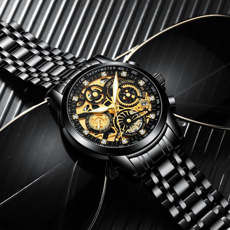 

Wristwatches Men Quartz Watch Hollow Top Brand Stainless Steel Chronograph Clock Luxury Relogio Masculino Gold Watches 2022, Bronze