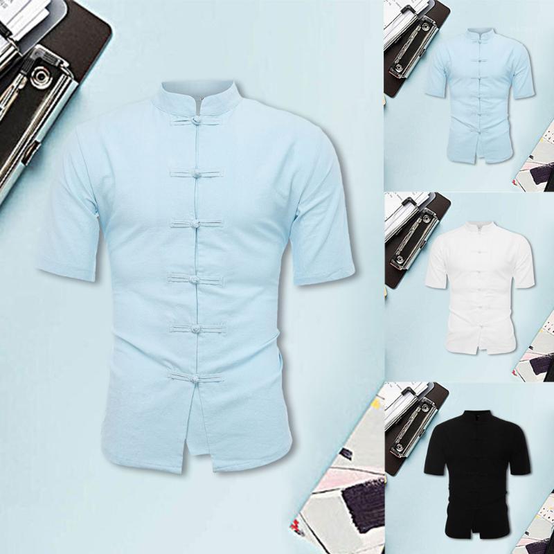 

Plus Size Men's Vintage Pure Color Linen Solid Short Sleeve Retro Stand Collar Tops Camisa Masculina Hawaiian Shirt Streetwear Casual Shirts, Black