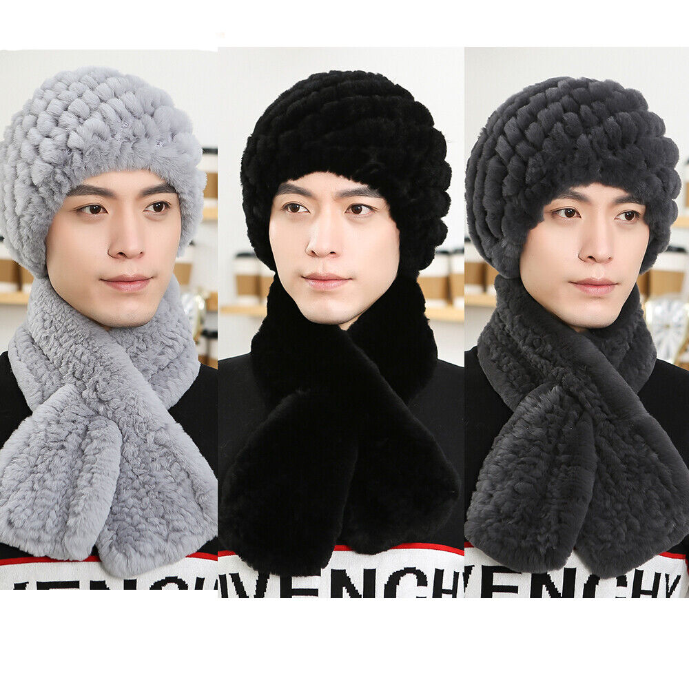 

Men's Real Rex Rabbit Fur Hat Scarf Sets Winter Warm Beanie Cap Headwear Black