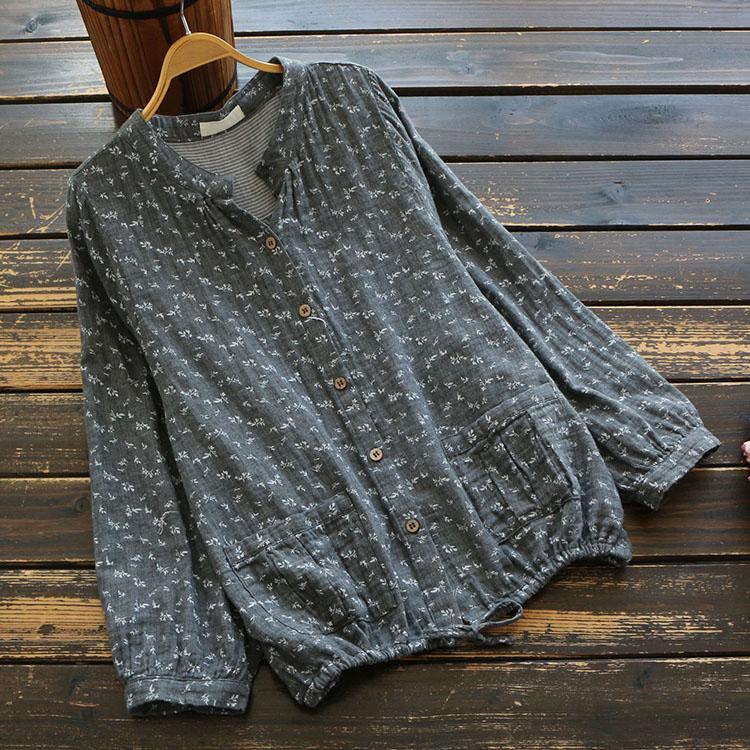 

Women's Blouses & Shirts 6657 Mori Girl Autumn Women Loose V-Neck Cotton Shirt Female Casual Single-Breasted Long Sleeve Print Big Size Blou, Blue