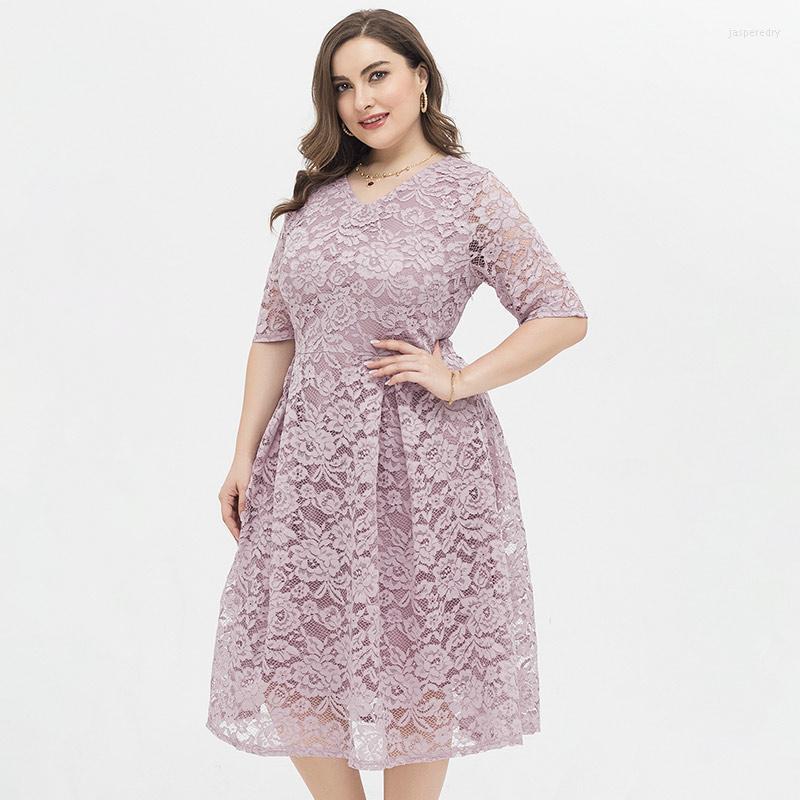 

Plus Size Dresses Summer Womens Fresh And Sweet Lace Short-sleeved Dress With Big Skirt Fashion Ladies Vintage Elegant DressesPlus Jasp22, Pink
