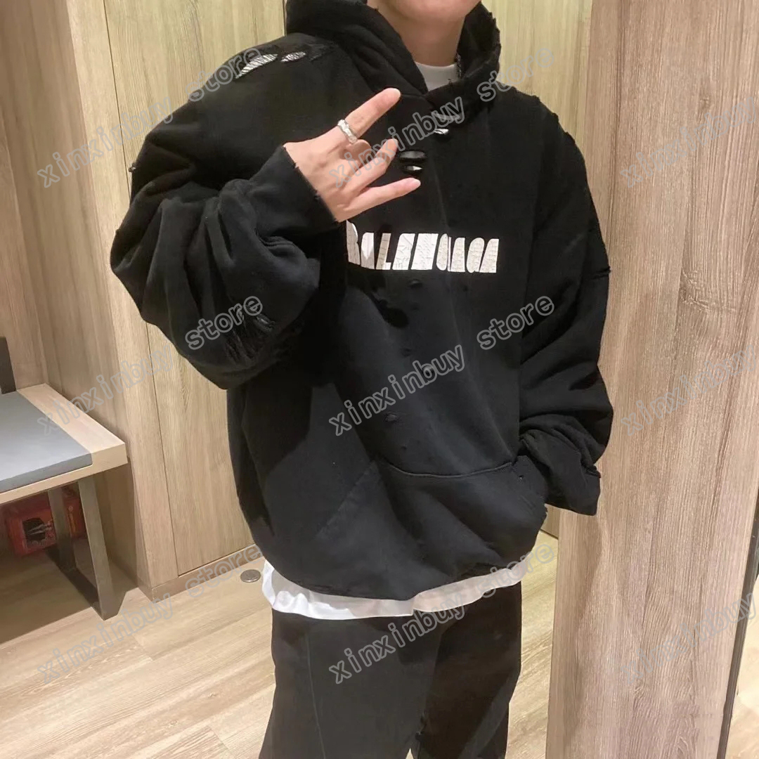 

xinxinbuy Men designer Sweatshirts Hoodies DESTROYED Letter Paris Ears Wheat women gray black oversize S-2XL, B03