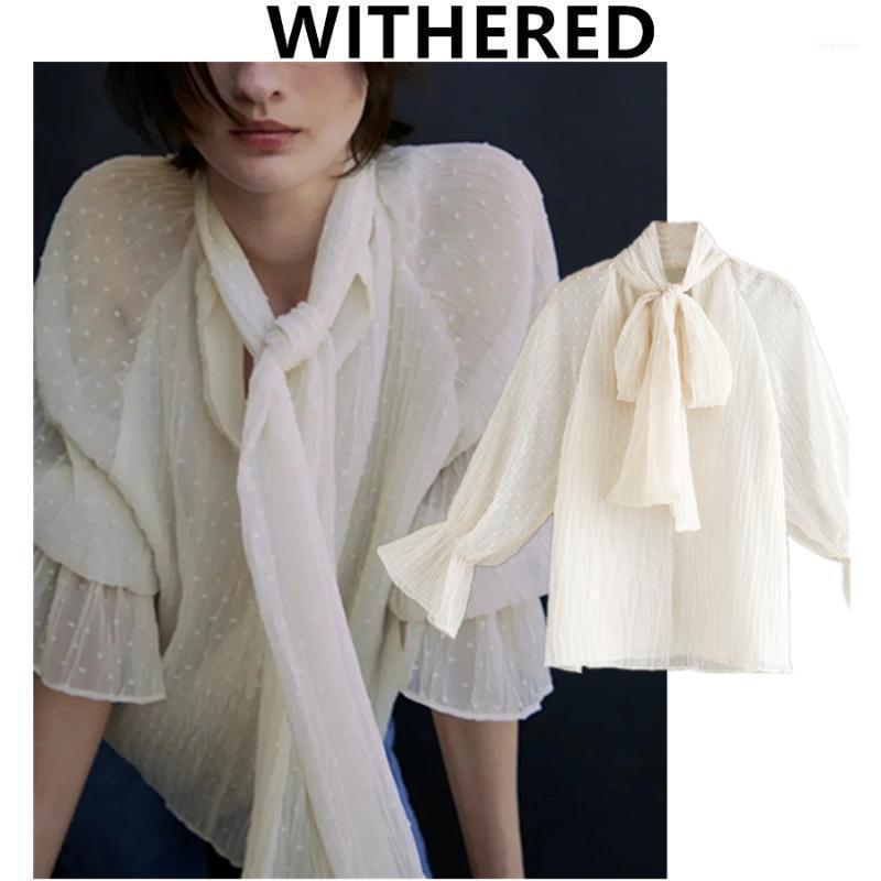 

Withered Autumn Blouse Women England Office Lady Fashion Elegant Bow Dot Jacquard Weave Casual Blusas Mujer De Moda 2022 Shirt, Beige