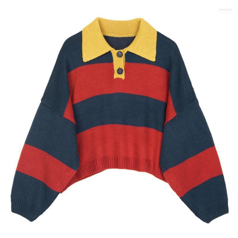 

Women's Sweaters Versatile Thin Spring And Autumn Loose Sweater Women Wear Color Matching Stripe Sleeve Collar Long Knitwear Trend Jemi22, Red