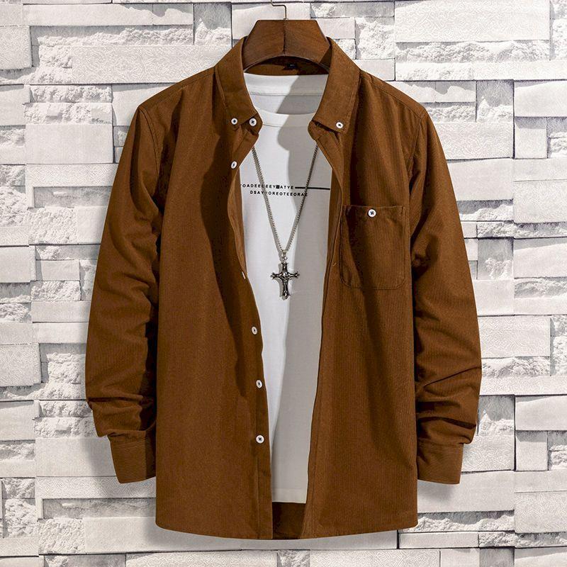 

Men's Casual Shirts Fonekie Handsome Corduroy Long-sleeved Spring Autumn Pure Color Button Shirt Large Size Loose Men Clothing, Brown