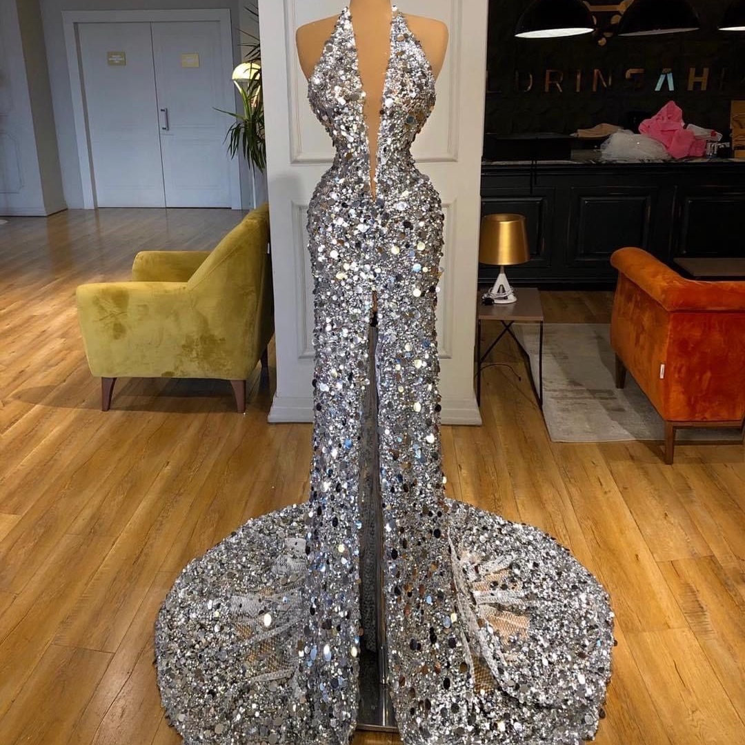 

2022 Formal Evening Dresses for Women Halter Neck Prom Party Gowns Sleeveless Sequin Front Split Cocktail Dress, Burgundy