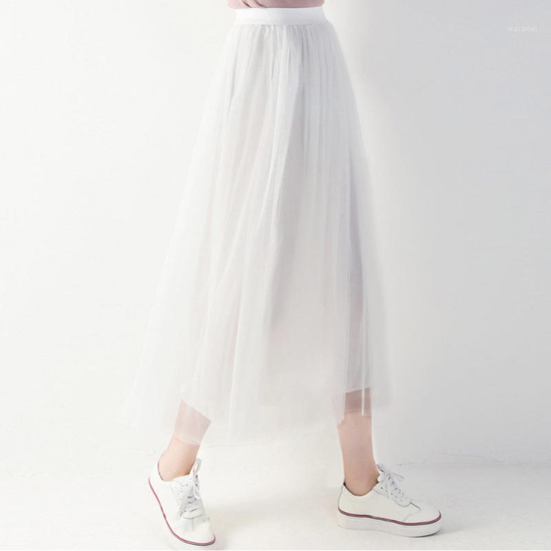 

Skirts Spring & Autumn Women Pleated Solid Color Long Tulle Skirt Korean Style Elastic High Waist Casual Simple Mesh Tutu, White