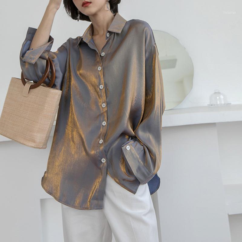 

Women' Blouses & Shirts Philosophy Autumn Women Korean Solid Loose Blouse Ladies Casual Long Sleeve Female Bright Shine Metallic Tops, Purple