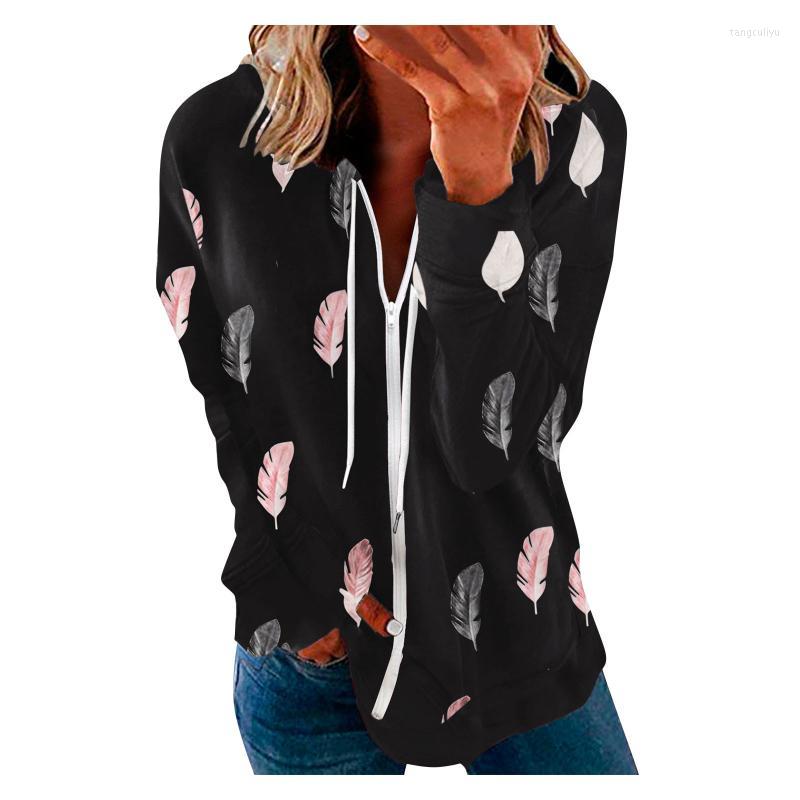 

Women' Vests Women' Zip-Up Feather Print Women Fashion Long Sleeve Vintage Ladies Hoodie Jacket Keep Warm Casual Loose Cute Femme Top, White