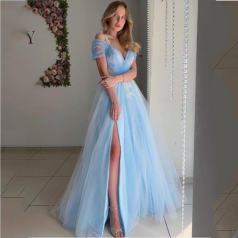 

Party Dresses Prom Off The Shoulder Long Tulle Lace Applique Evening Dress For Women Sky Blue Side Slit Gowns Vestido De FiestaParty, Black