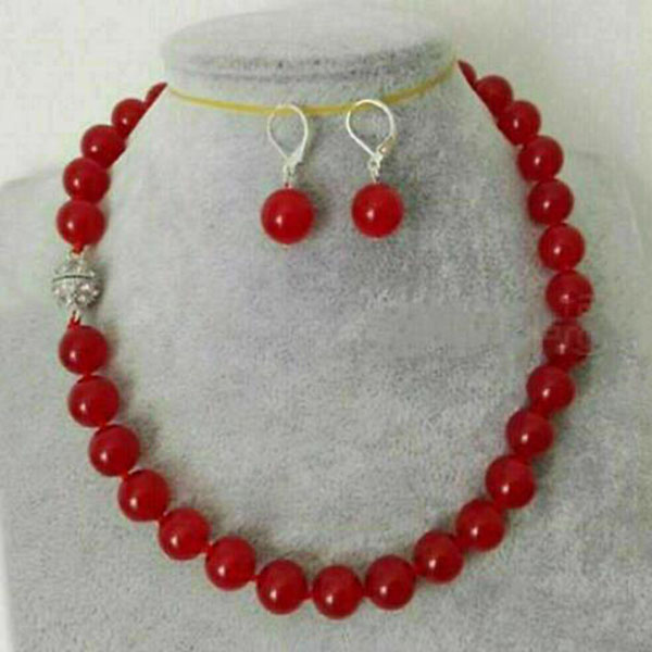 

New Natural 10mm Red Jade Round Gemstone Beads Necklace Earrings Set 18" AAA