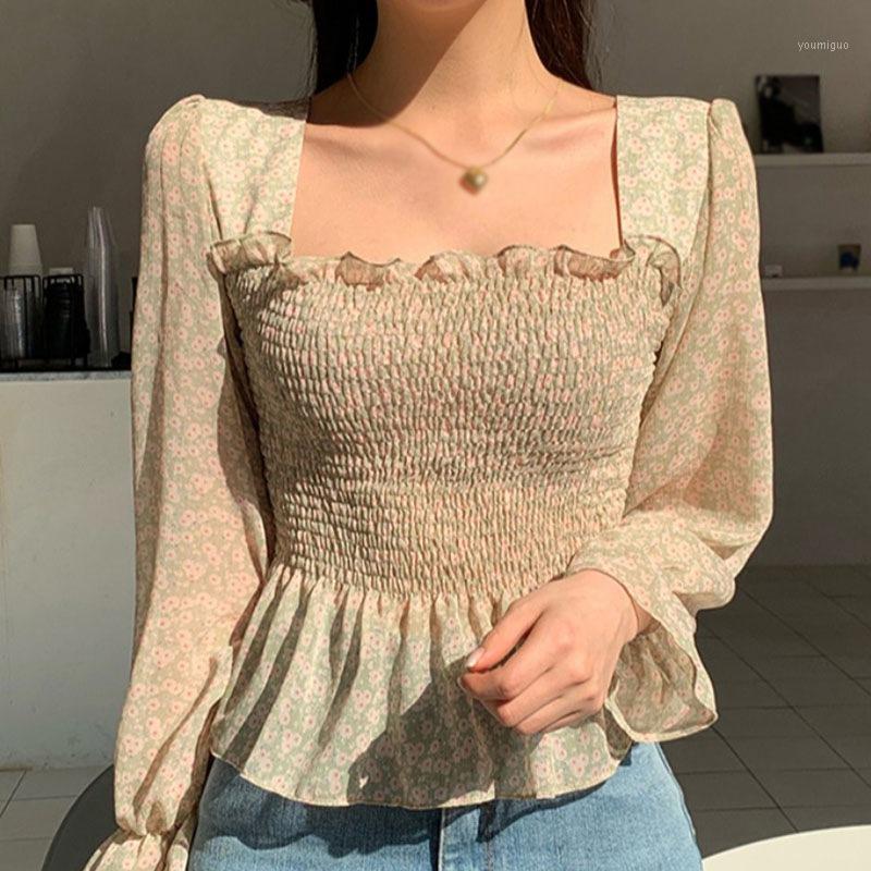 

Women Shirts Sweet Floral Print Blouses Square Collar Long Sleeve Chiffon Blouse Casual Shirt Tops Women, Green