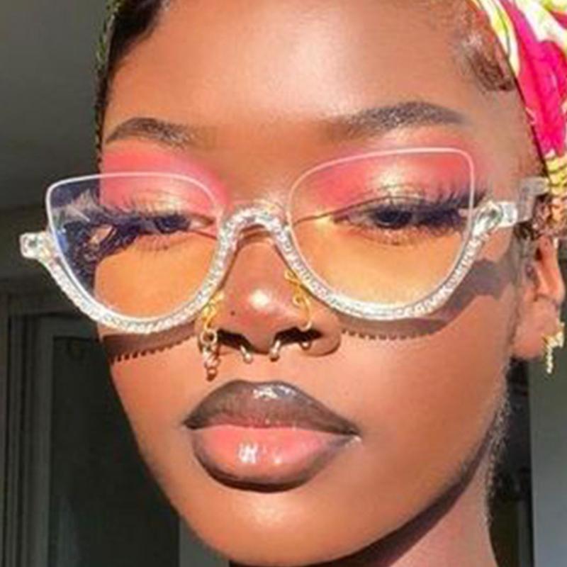 

Sunglasses Designer Bling Rhinestone Women Fashion Clear Half Frame Cat Eye Sun Glasses UV400 Trendy Eyeglasses