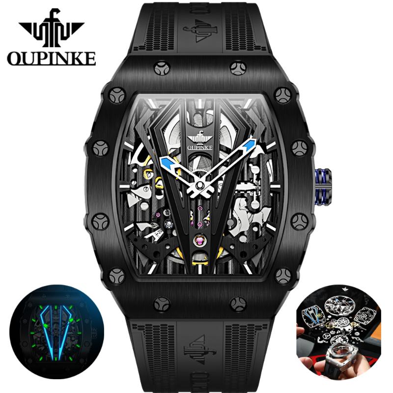 

Wristwatches Automatic Self-wind Mechanical Watch Men OUPINKE Luxury Silicone Strap Mens Waterproof Sports Skeleton WatchesWristwatches, White blue