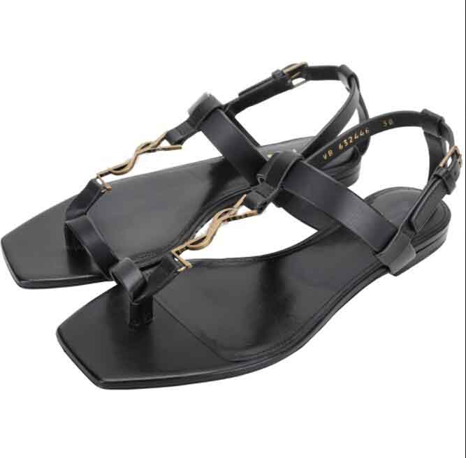 

Luxury women shoes sandal flats cassandra Black calfskin leathers flip flop sandals slipper ankle strap summmer cool mens flat slippers with box