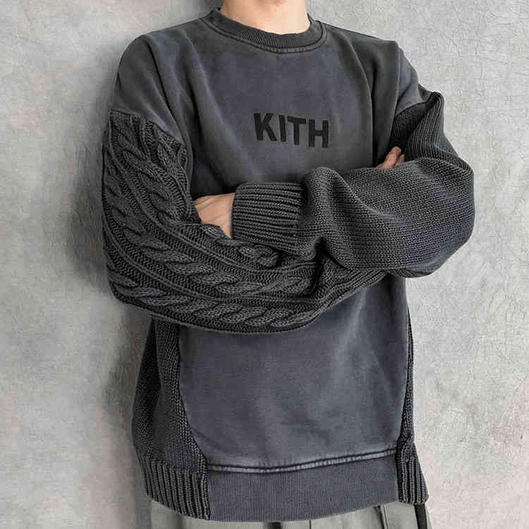 

Defans21 Autumn and Winter Kith Batik Washed Sweater Round Neck Pullover Men' Hoodies Thickened Warm, Gram grey
