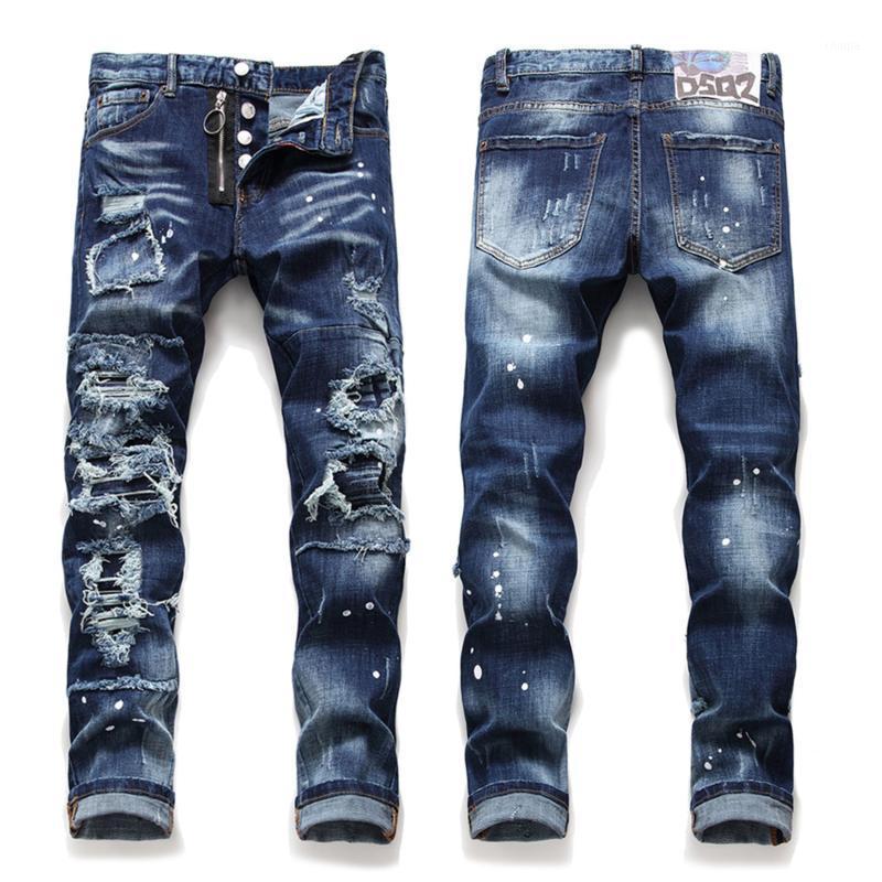

Men's Jeans High Quality Skinny Straight Men Hole Ripped Patch Stretch Tie Dye Trousers Denim, Blue