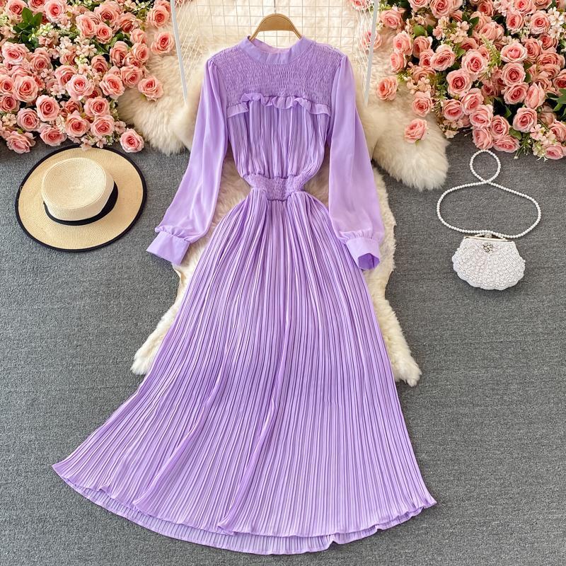 

Casual Dresses Robe Longue Femme 2022 Autumn Long Sleeve Slim A-line Pleated Dress Fashion Women Solid Maxi Vestidos Elegantes