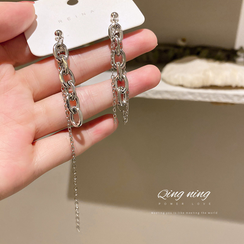 925 Silver Needle Korean Fashion Personalized Cold Style Earrings Asymmetric Chain Tassel Earrings Hot Selling Temperament eardrop-image-760110819