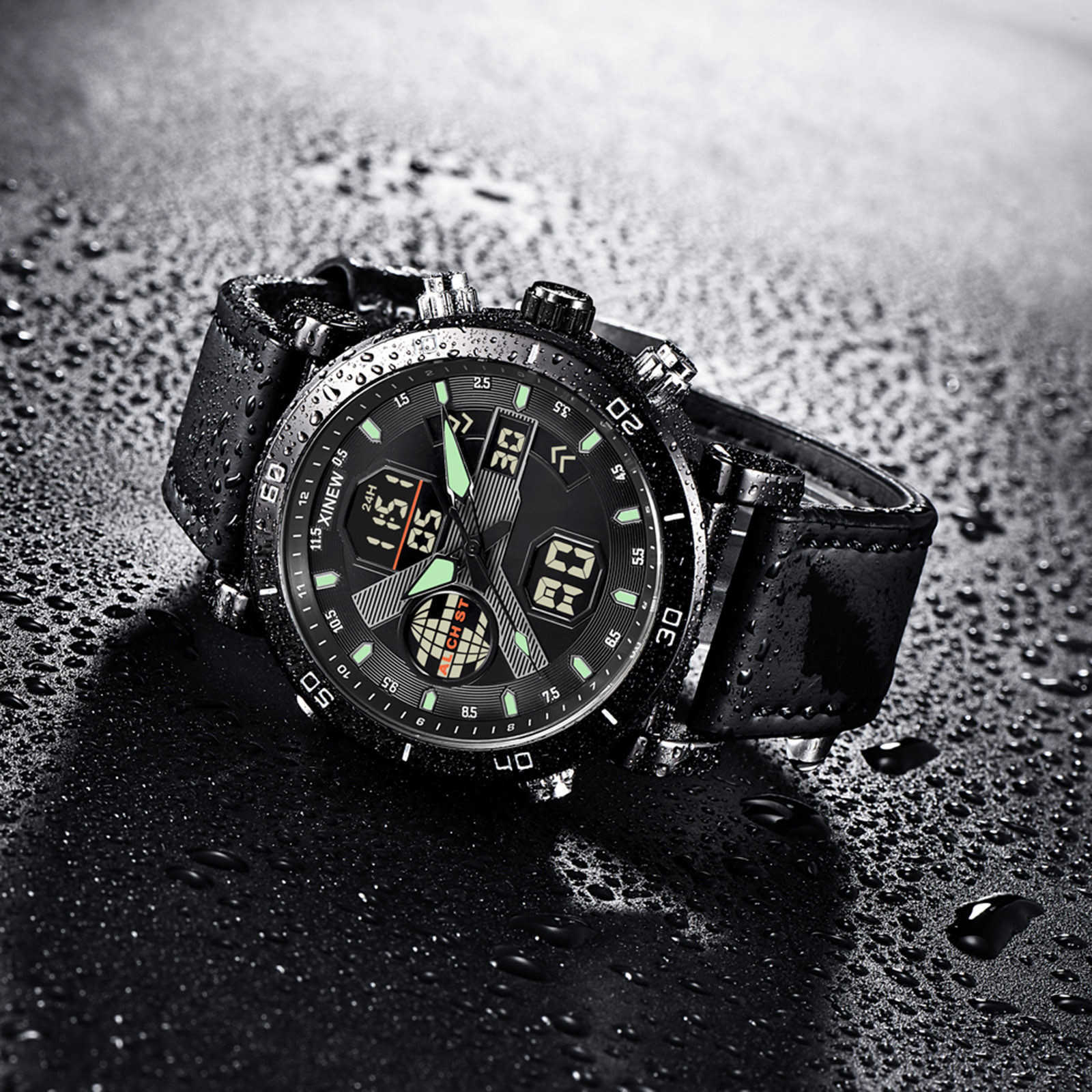 

Mens Quartz Digital Watch Duoble Scale Stainless Steel Military Sports Analog Wristwatch Fashion Leather Strap