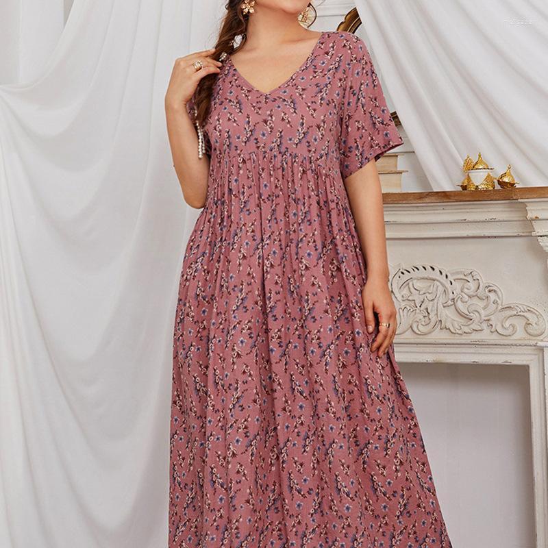 

Plus Size Dresses 5XL Dress Women Summer Short Sleeve Floral Print Casual Cotton And Linen Loose Oversized Maxi Long DressesPlus Meli22, Pink