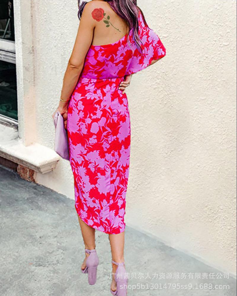 

Party Dresses Rose Red Printed One-Shoulder Wrap Dress 2022 One Shoulder Floral Print Slit Women Spring Summer Sexy MiniParty