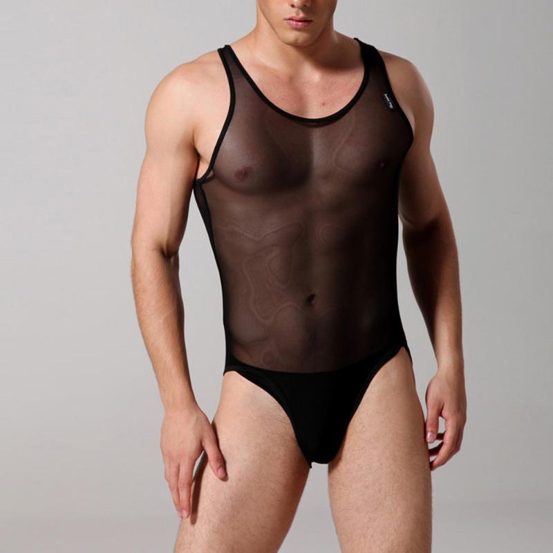 

Underpants Men Sexy Mesh Bodysuit Transparent Body Stocking Underwear Man See Through Erotic Lingerie Sleeveless Tank Jumpsuit PlaysuitUnder, Black