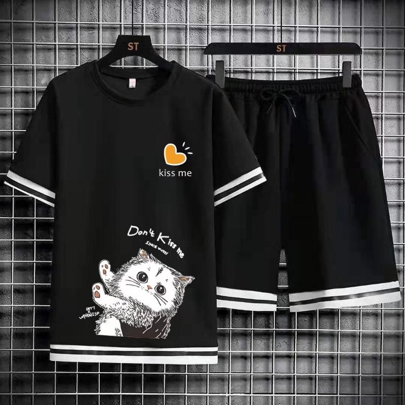 

Men's Tracksuits Summer Men's Sets Japan Fashion Tracksuit Two Piece Set Trend Men Clothing Joggers Print T Shirts Shorts Outfit SetMen', Black