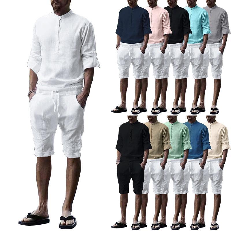

Men' Tracksuits Two Piece Set Cotton Linen Long Sleeve T-shirt Plus Five Shorts Loose Undershirt Solid Color Men Shirt SuitMen