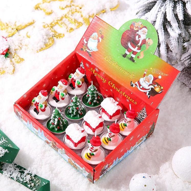 

Christmas Fragrance-free Candle 12pcs/Pack Smokeless Santa Snowman Gift Stocking Tree Design Candle Xmas Motif New Year Candles GC1117