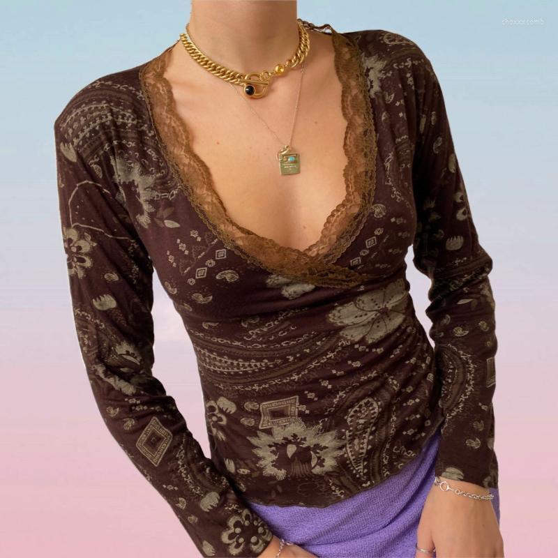 

Women' T-Shirt Puloru Vintage Y2K Paisley Floral Print T-Shirts Autumn Women Lace Trim V Neck Tops Slim Fit Long Sleeve Tee Harajuku Street, Multi