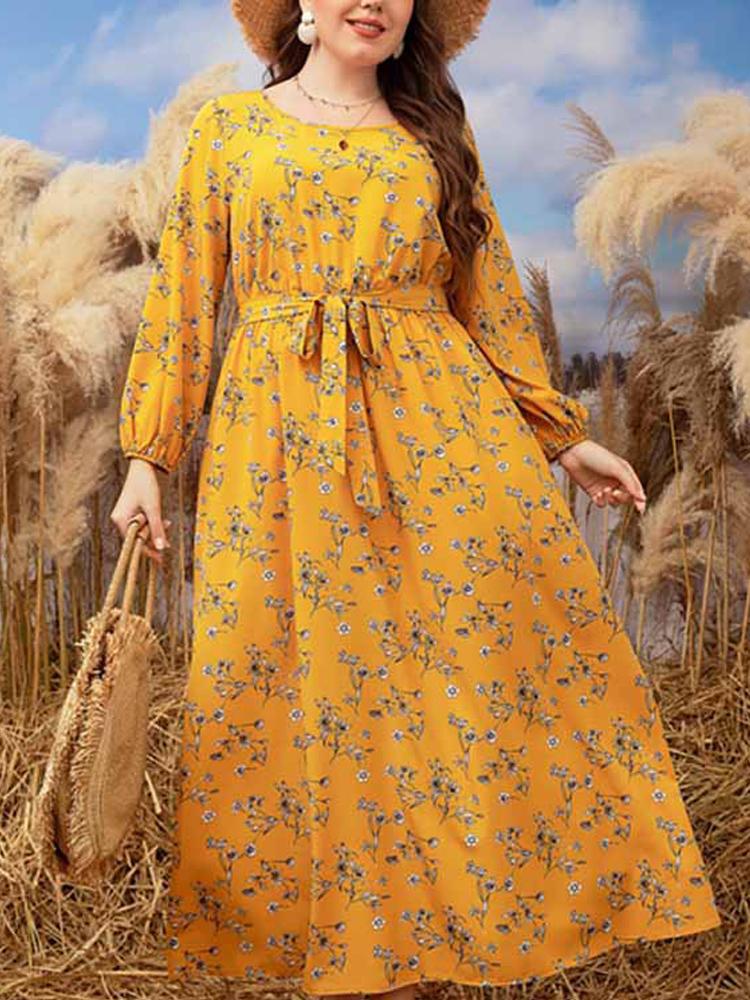 

Plus Size Dresses Long Sleeve Dress Woman 2022 Summer Floral Print Casual Yellow Women ClothingPlus