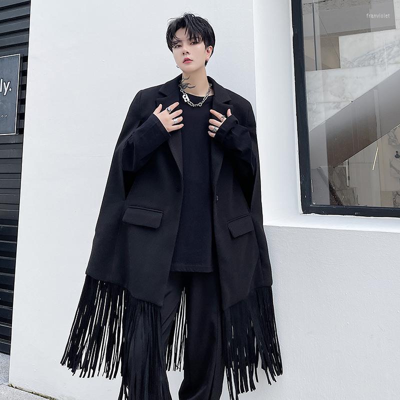

Men's Wool & Blends Men Vintage Fashion Korean Streetwear Cloak Jacket Tassel Sleeveless Woolen Long Suit Trenchcoat Outerwear Man Coats Fra, H1357