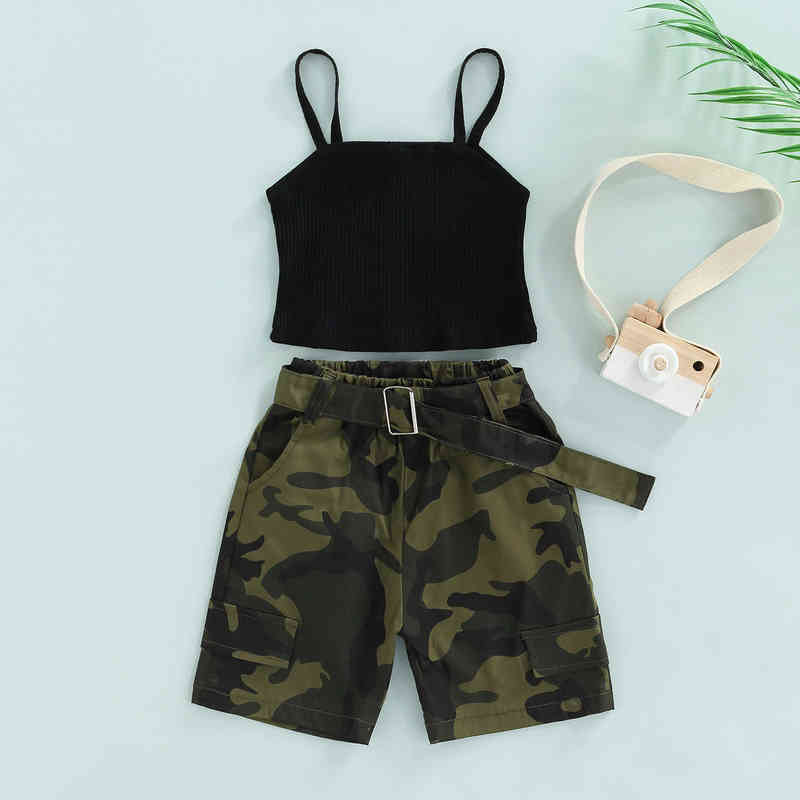 

Citgeett Summer Kid Girls Casual Outfits Sets Solid Color Ribbed Sling Tops Camouflage Pants Shorts Clothing Set J220712, Red