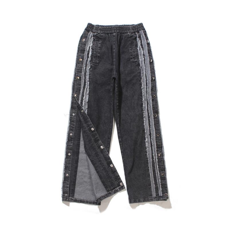 

Men's Jeans SYUHGFA Men Side-breasted Washed Distressed Vintage Loose Casual Elastic Waist Man Streetwear Hip Hop Straight Denim Pant, Black