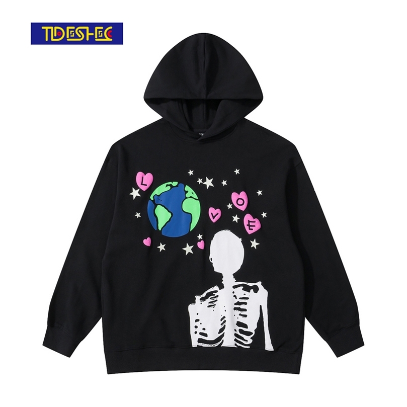 

Tideshec Harajuku Earth skull print Loose Hoodie Hooded Sunscreen Jacket Black Retro Streetwear Mens Fashion Tops 220816