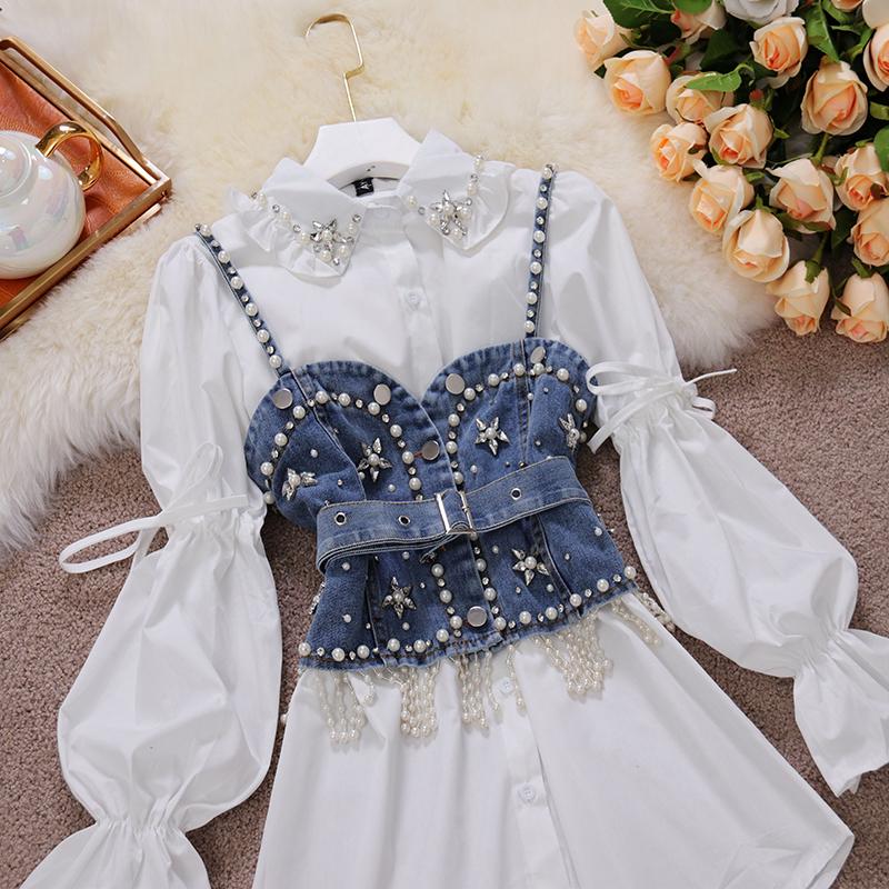 Robes Décontractées De Haute Qualité Brillant Diamant Perlé Denim Gilet Chemise Blanche Robe 2pcs Costumes Puff Sleeve Blouse Gland Perle Ensembl