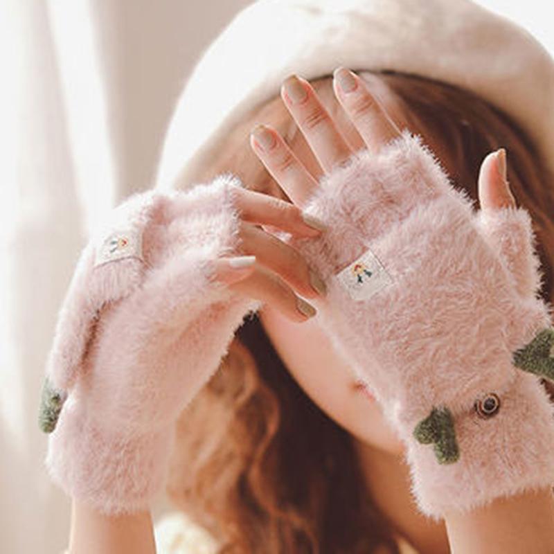 

Five Fingers Gloves 2022 Women Winter Knitted Mittens Fluffy Touch Screen Driving Fingerless Half Finger Velvet Ears