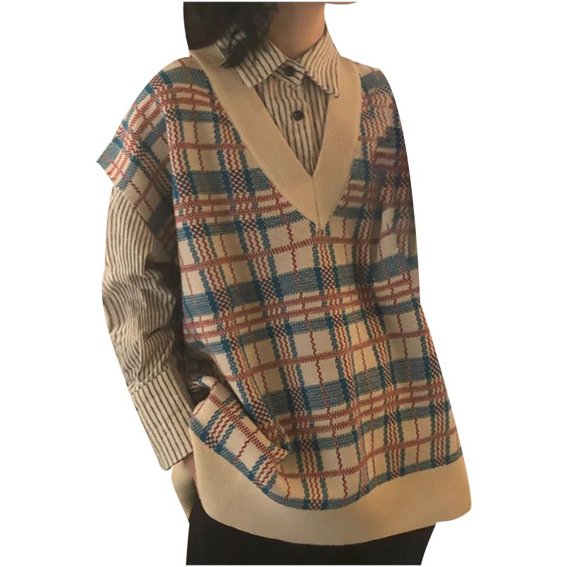 

Women's Sweaters Fashion Women's Knitted Printed Long Sleeve V-Neck Ladies Vest TopWomen's, Blue