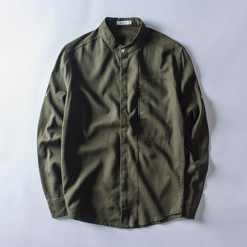 Men's Casual Shirts Brazil Style Long Sleeve Stand Collar Dark Green Men Flax And Cotton Solid Fashion Shirt For 4XL Overhemd Chemise