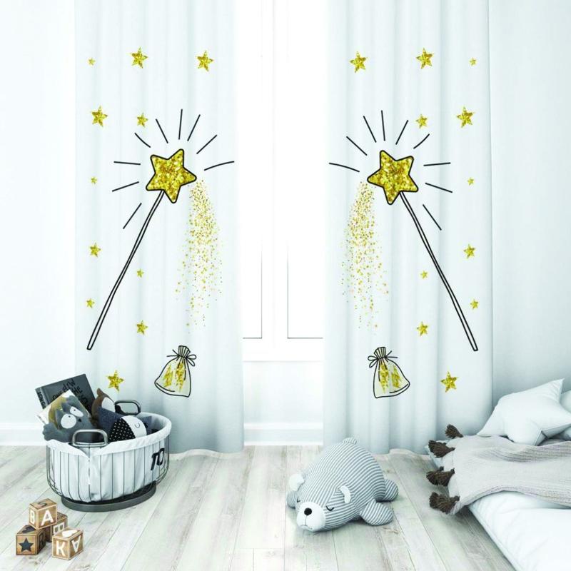 

Curtain & Drapes Cute Magic Star Fairy Wand Pattern Baby Girl Kids Room Special Design Shading Sash Hook Button Blackout Jealous Window, 65x135 cm ( 1 pcs)
